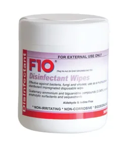 Container of F10 disinfectant wipes, labeled for external use only, with 100 wipes inside.