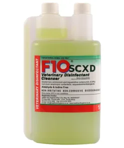 F10 SCXD veterinary disinfectant cleanser in a dual-chamber bottle with a green liquid.