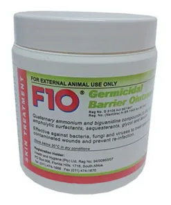 Container of F10 Germicidal Barrier Ointment for external animal use, labeled with usage instructions.