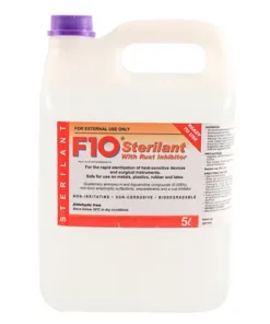 5-liter container of F10 Sterilant with a purple cap, labeled for external use only.